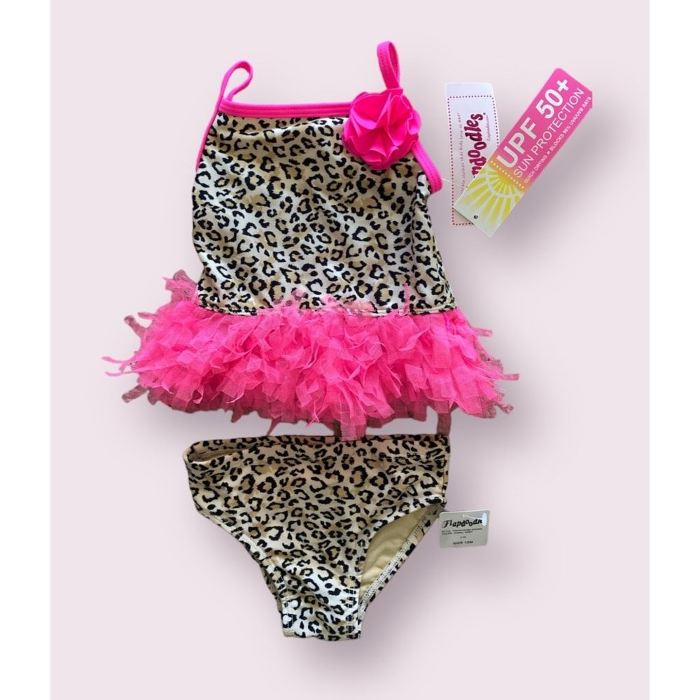 Flapdoodles Infant 2 Piece Swimsuit Sz 12 Months Cheetah Print/ Pink Accents NEW